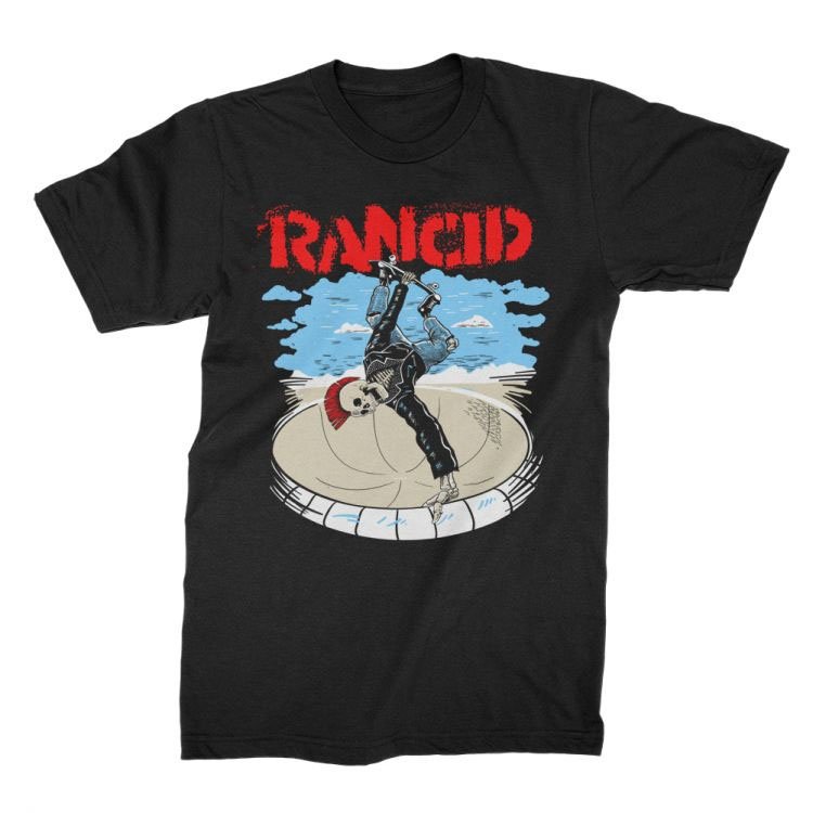 Rancid- Skele-Tim Skate on a black shirt 