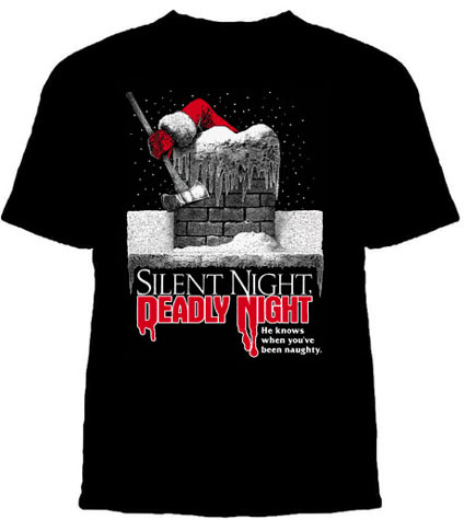 Silent Night Deadly Night- He Knows When You've Been Naughty on a black YOUTH sized shirt