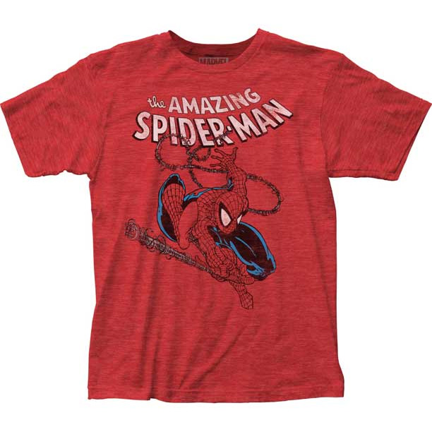 Marvel Comics- Spiderman (Swinging) on a heather cherry ringspun cotton shirt
