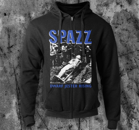 Spazz- Dwarf Jester Rising on a black zip up hooded sweatshirt