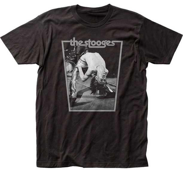 Stooges- Iggy Back Bend (Black & White) on a black ringspun cotton shirt