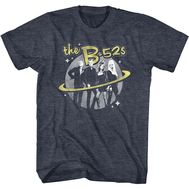 B-52s- Planet Band Pic on a navy heather ringspun cotton shirt