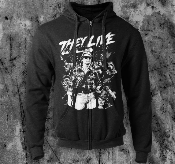 They Live- Collage on a black zip up hooded sweatshirt