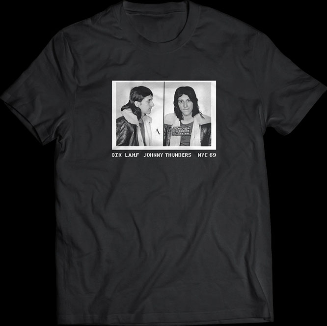 Johnny Thunders- 1969 Mug Shot on a black ringspun cotton shirt