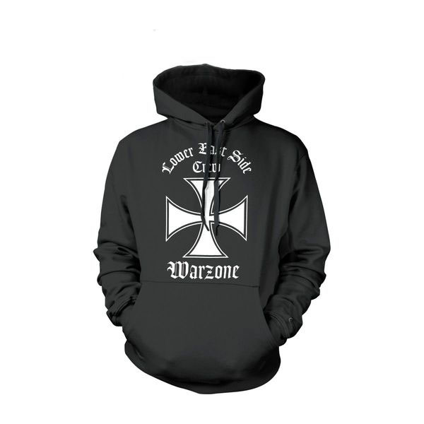 Warzone- Lower East Side on a black hooded sweatshirt