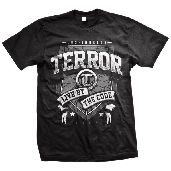 Terror- Live By The Code Banner on a black shirt (Sale price!)