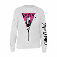 X Ray Spex- Zipper Pic on front, I Am A Cliche on sleeve on a white long sleeve shirt