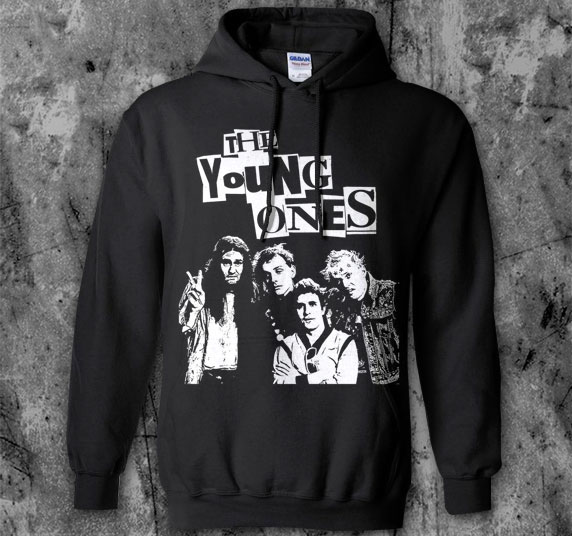 Young Ones- Cast (White Logo) on a black hooded sweatshirt