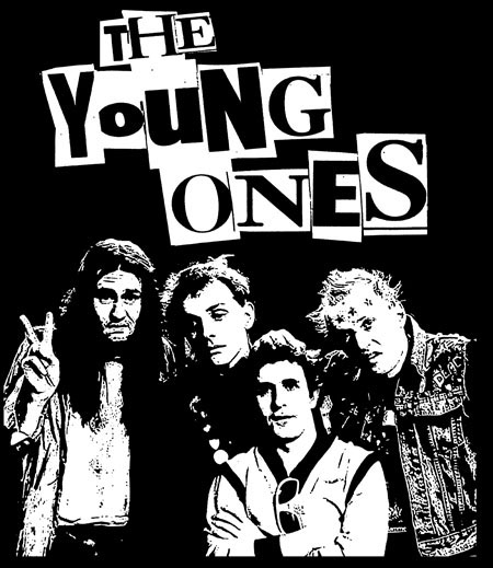 Young Ones- Cast (White Logo) on a black hooded sweatshirt