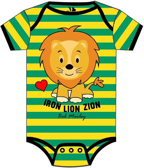 Bob Marley- Iron Lion Zion on a green & yellow striped onesie (Sale price!)