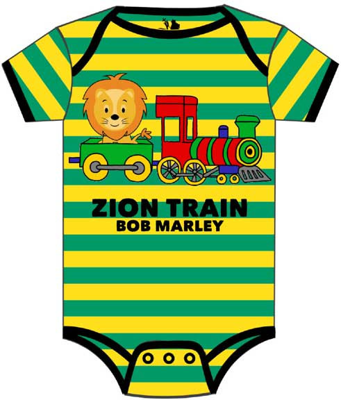 Bob Marley- Zion Train on a green & yellow striped onesie
