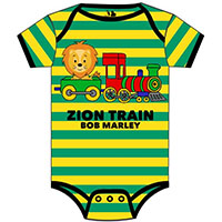 Bob Marley- Zion Train on a green & yellow striped onesie