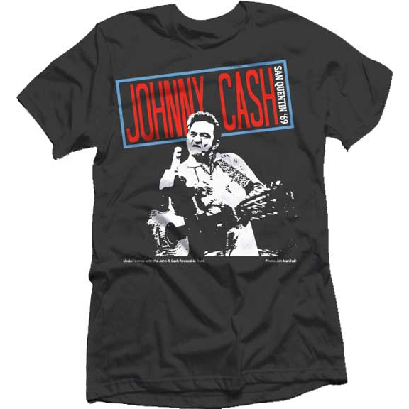 Johnny Cash- Finger (Red Logo San Quentin '69) on a black ringspun cotton shirt