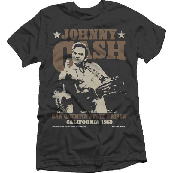 Johnny Cash- Finger (Brown Logo San Quentin State Prison) on a black ringspun cotton shirt