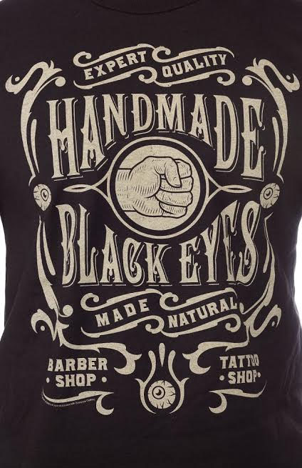 Kustom Kreeps Handmade Black Eyes on a black guys slim fit shirt by Sourpuss