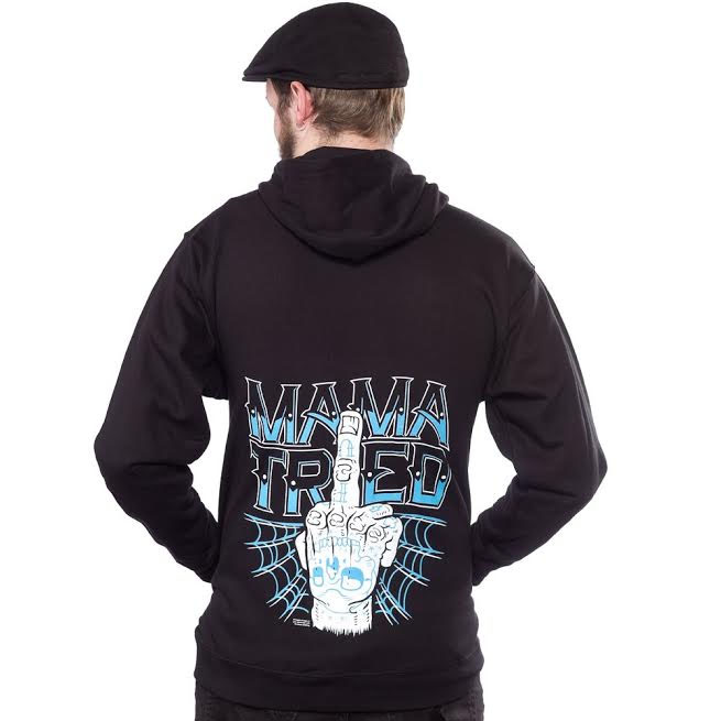 Logo On Front, Mama Tried on back on a black zip up hooded sweatshirt by Kustom Kreeps - SALE sz M only
