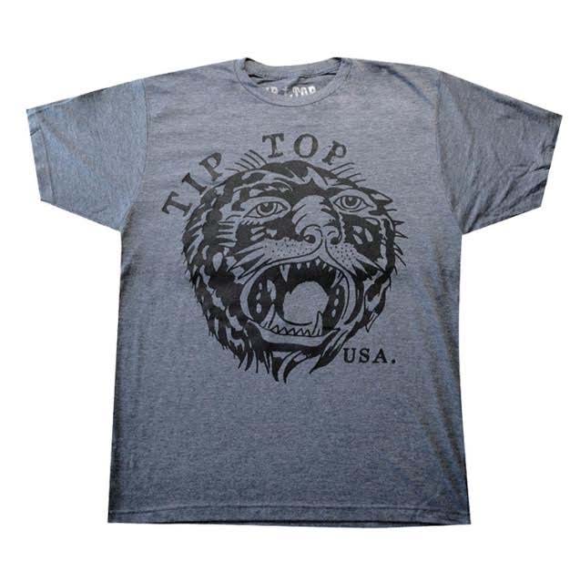 Tip Top Tattoo Tiger on a dark gray ringspun cotton shirt 