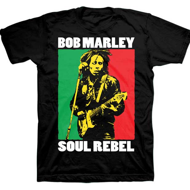 Bob Marley- Soul Rebel on a black ringspun cotton shirt (Sale price!)