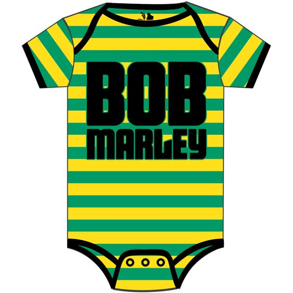 Bob Marley- Logo on a green & yellow striped onesie  (Sale price!)