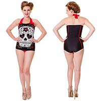 Sugar Skull Swimsuit in Black & Red by Banned Clothing - SALE sz XS only