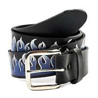 Flame on a Black Leather Belt- Blue/White Flames