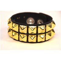 2 Rows of BRASS Pyramids on a Black Leather Bracelet by Funk Plus