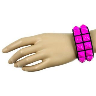 2 Rows of PINK Pyramids on a Black Leather Bracelet by Funk Plus