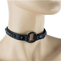 Black O-Ring Black Leather Connected Choker With 1 Row Black 1/4" Pyramids by Funk Plus