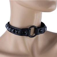 Black O-Ring Connected Black Leather Choker With 1 Row Black 1/2" Pyramids by Funk Plus