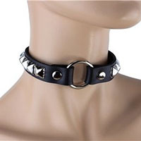 O-Ring Connected Black Leather Choker With 1 Row 1/2" Pyramids by Funk Plus