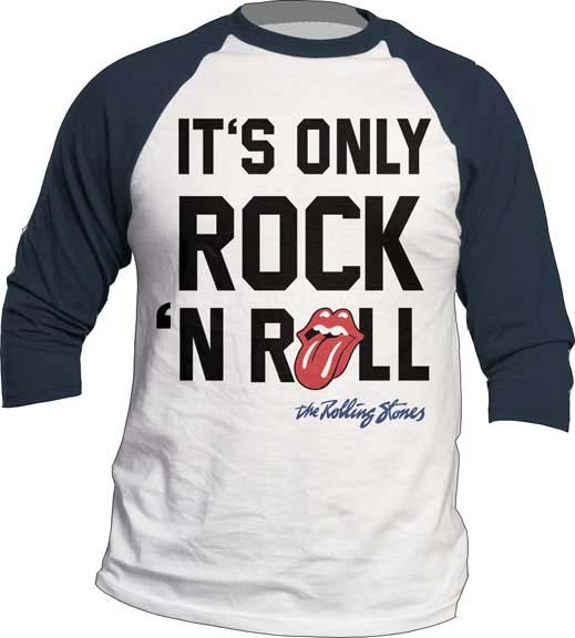 Rolling Stones- It's Only Rock N Roll on a white/navy 3/4 sleeve raglan shirt
