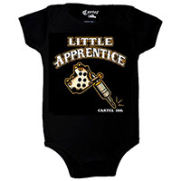 Lil Apprentice Tattoo Gun on a black onesie by Cartel Ink (Sale price!)