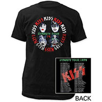 Kiss- Dynasty Tour '79 on front, Dates on back on a black ringspun cotton shirt